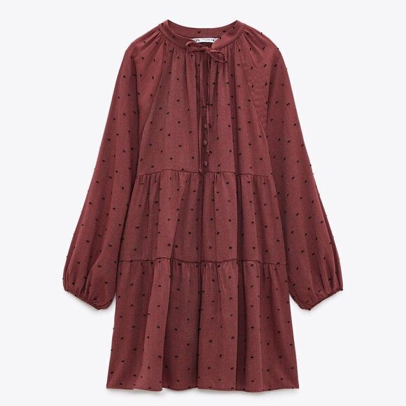 Zara Dotted Mesh Mini Dress Marsala New - Picture 2 of 6